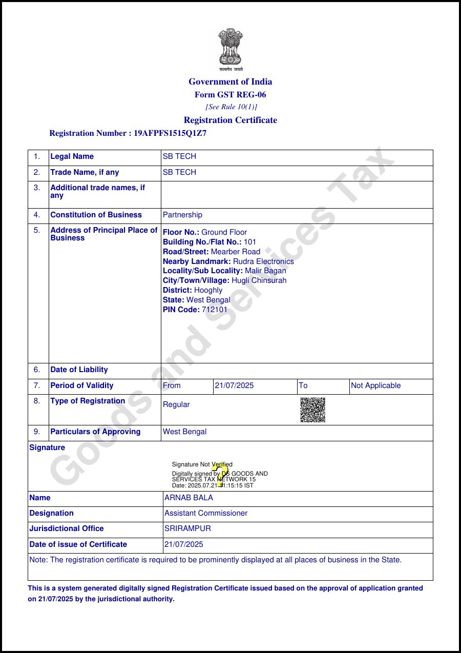 Preview of SB TECH GST Registration Certificate, first page