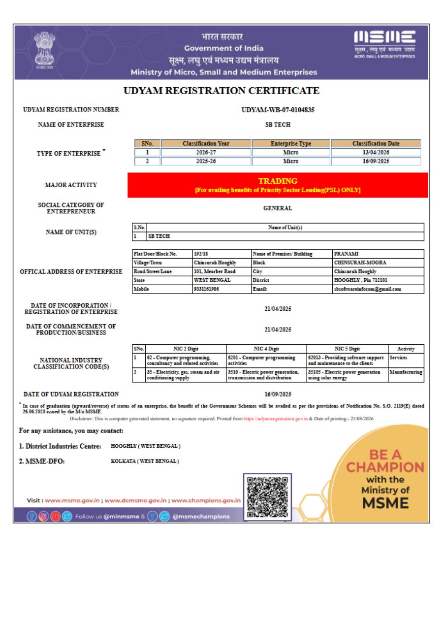 Preview of SB TECH MSME Udyam Registration Certificate, first page