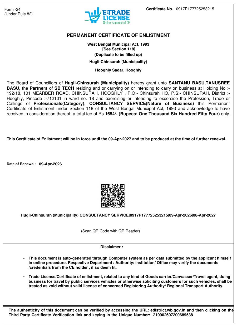 Preview of SB TECH Trade Licence (Certificate of Enlistment), first page