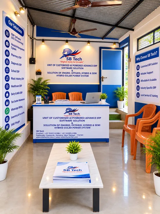 Reception desk inside the SB Tech office in Hooghly, West Bengal, with Our Solutions (ERP software) and Why Choose SB Tech? panels and signage for AI-powered ERP software and on-grid, off-grid and hybrid solar power systems
