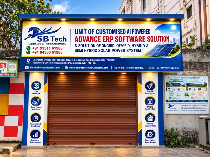 SB Tech storefront signboard for customised AI-powered ERP software and on-grid, off-grid, hybrid and semi-hybrid solar power systems, listing the Kolkata corporate office and Chinsurah, Hooghly registered office
